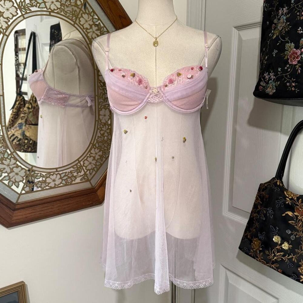 NWT Y2K Delicates Light Pink & Purple Sheer Mesh Beaded Coquette Lingerie Dress